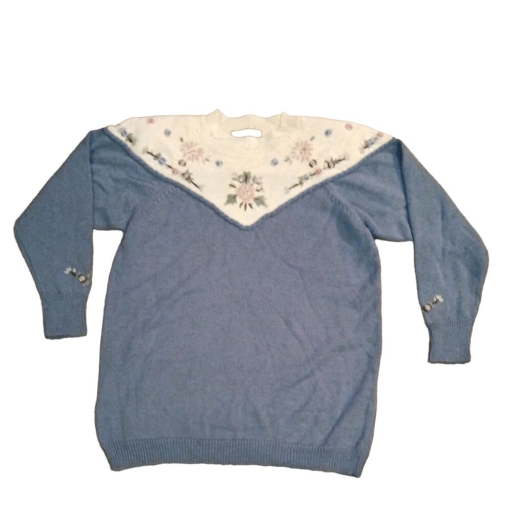 Vintage 90s Dana Scott dusty blue grannycore floral knit sweater M - Picture 2 of 5